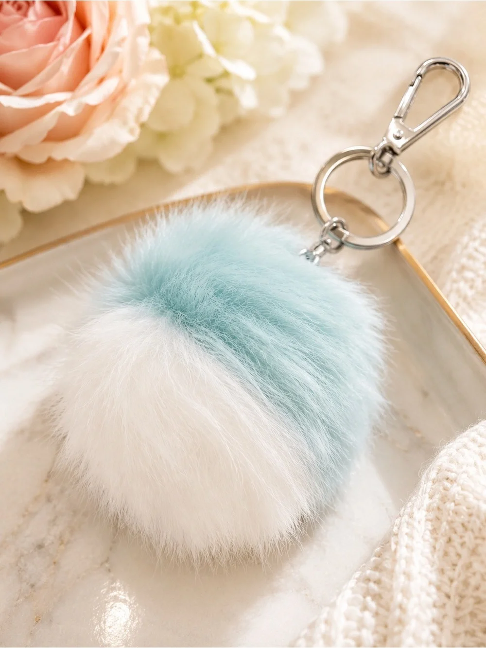 LC Lauren Conrad Blue White Faux Fur Pom Pom Keychain Bag Charm Y2K Coquette NWT